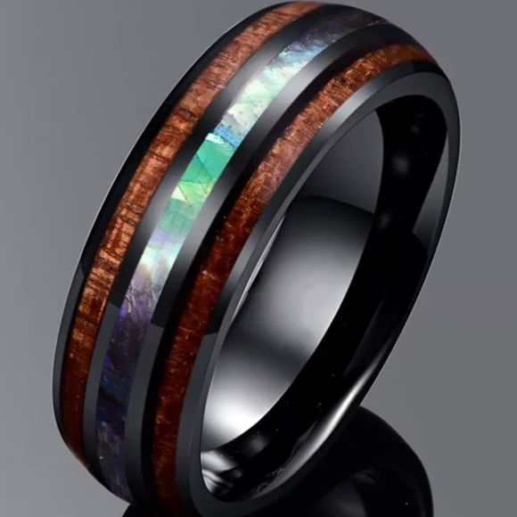 SALE Men's 8MM Black Tungsten Steel Inlay Koa Wood Band Wedding Engagement Ring - Picture 4 of 4